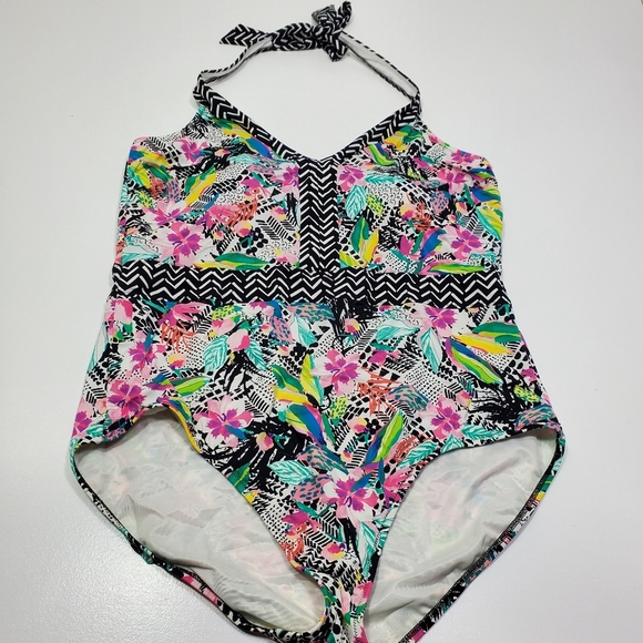 Lands' End One Piece Swimsuit Size 18 Colorful Patterned Fabric Lace-Up Details - Picture 1 of 13